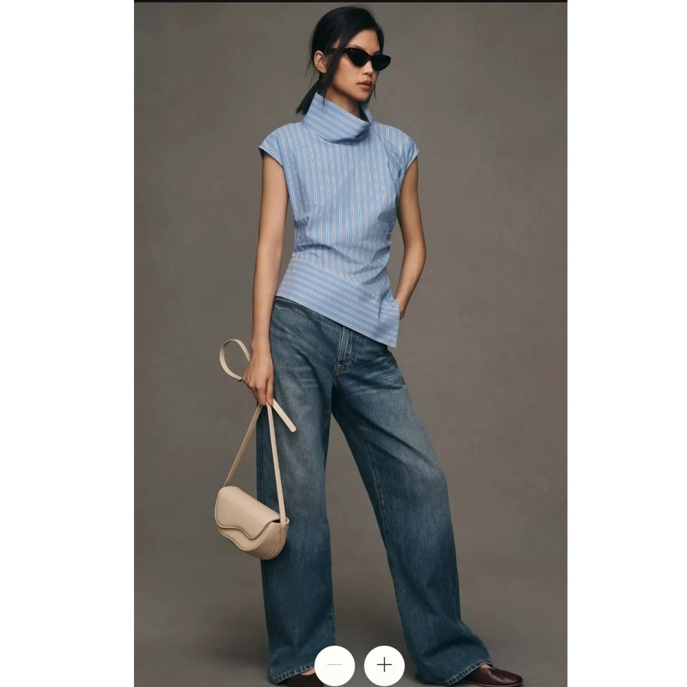 Maeve Anthropologie Top XL Blue Striped Mock Neck Asymmetric Sleeveless‎ Blouse